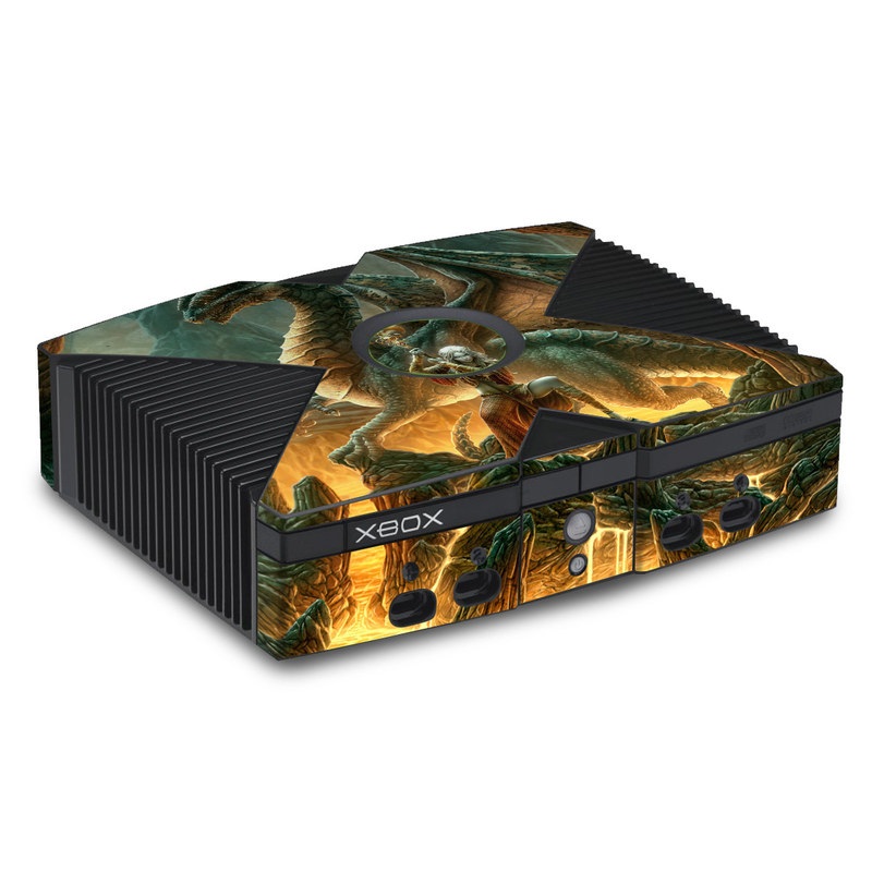 Old Xbox Skin design of Dragon, Cg artwork, Mythology, Fictional character, Mythical creature, Art, Illustration, Cryptid, Sculpture, Demon, with black, green, red, gray, blue colors