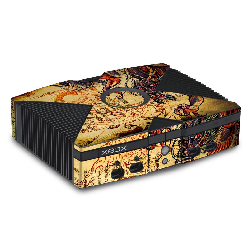 Old Xbox Skin design of Illustration, Fictional character, Art, Demon, Drawing, Visual arts, Dragon, Supernatural creature, Mythical creature, Mythology, with black, green, red, gray, pink, orange colors