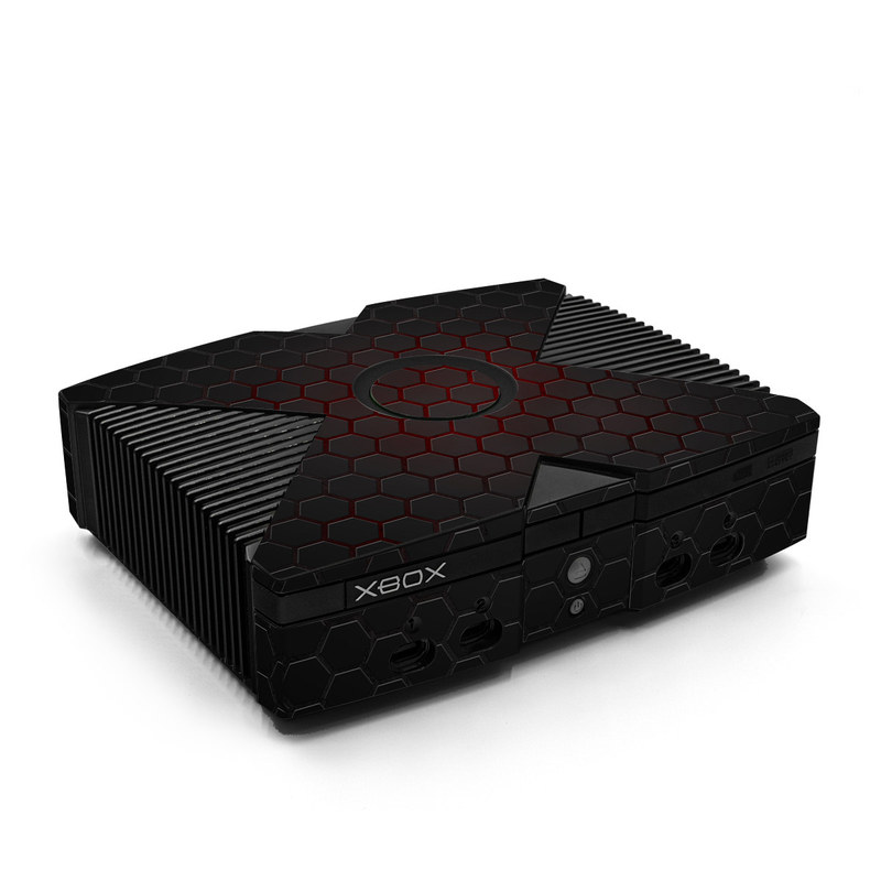 Old Xbox Skin design of Black, Pattern, Metal, Design, Mesh, Carbon, Space, Wallpaper, with black, red colors