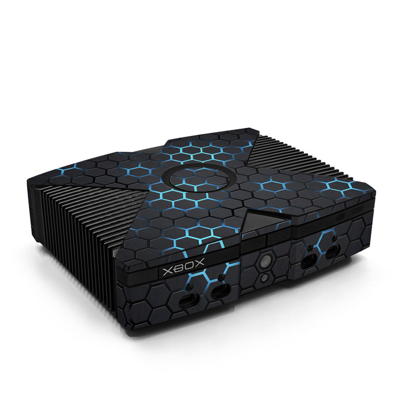 Old Xbox Skin design of Pattern, Water, Design, Circle, Metal, Mesh, Sphere, Symmetry, with black, gray, blue colors