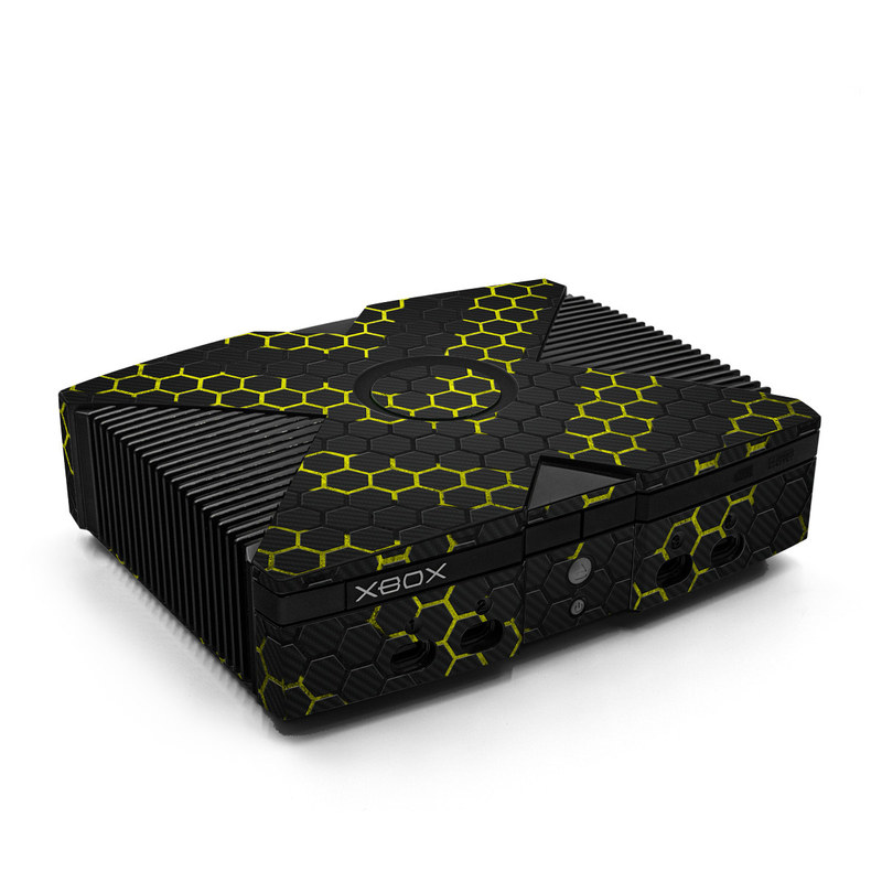 Old Xbox Skin design of Black, Pattern, Yellow, Mesh, Net, Chain-link fencing, Design, Metal, with black, gray, yellow colors
