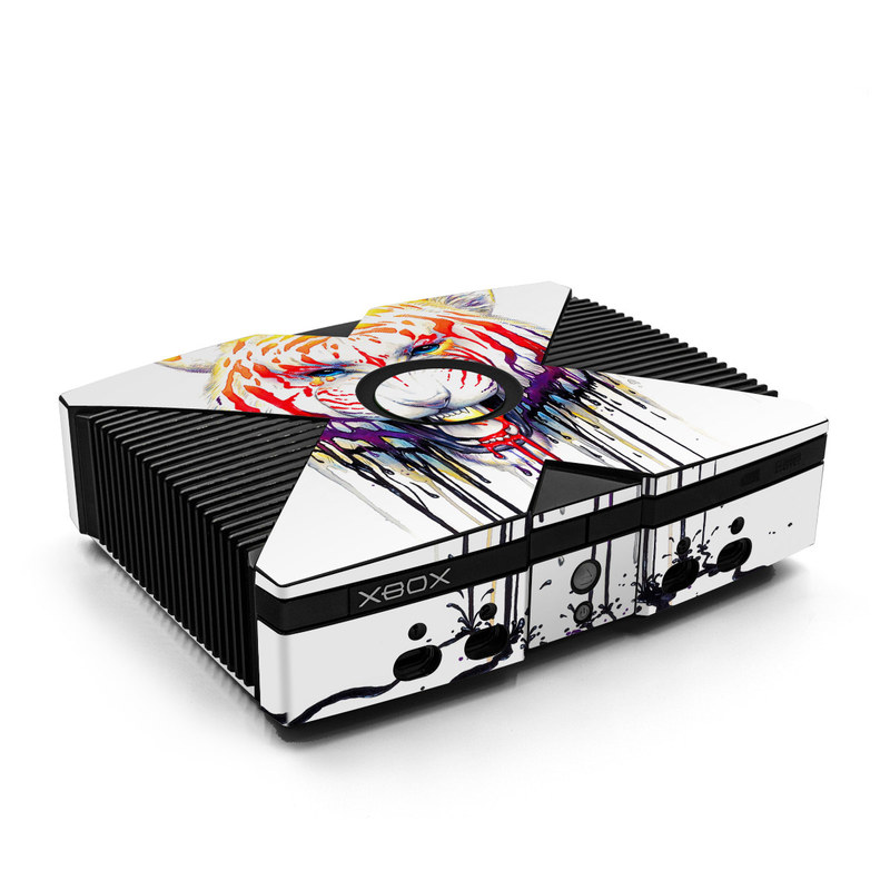Old Xbox Skin design of Jaw, Roar, Organism, Gesture, Art, Font, Felidae, Painting, Illustration, Drawing, with white, black, yellow, red, orange, purple colors