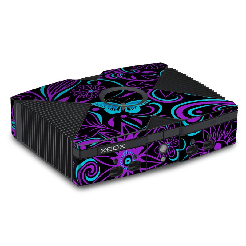 Old Xbox Skin design of Pattern, Purple, Violet, Turquoise, Teal, Design, Floral design, Visual arts, Magenta, Motif, with black, purple, blue colors