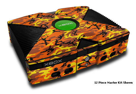 Old Xbox Skin design of Military camouflage, Orange, Pattern, Camouflage, Yellow, Brown, Uniform, Design, Tree, Wildlife, with red, green, black colors
