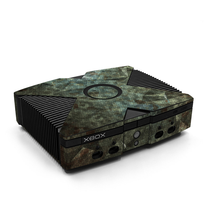 Old Xbox Skin design of Green, Pattern, Brown, Wall, Design, Rock, Geology, Camouflage, Granite, Metal, with black, brown, blue, gray, white colors