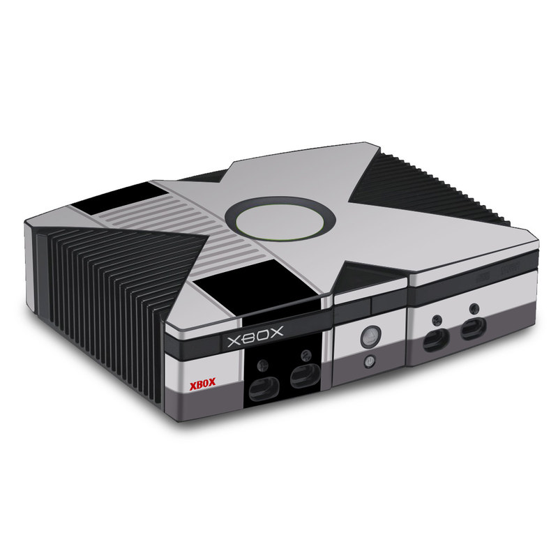 Old Xbox Skin design of Text, Black, Font, Logo, Line, Design, Material property, Pattern, Brand, Technology, with black, gray, red colors