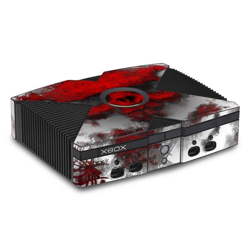 Old Xbox Skin design of Red, Graphic design, Skull, Illustration, Bone, Graphics, Art, Fictional character, with red, gray, black, white colors