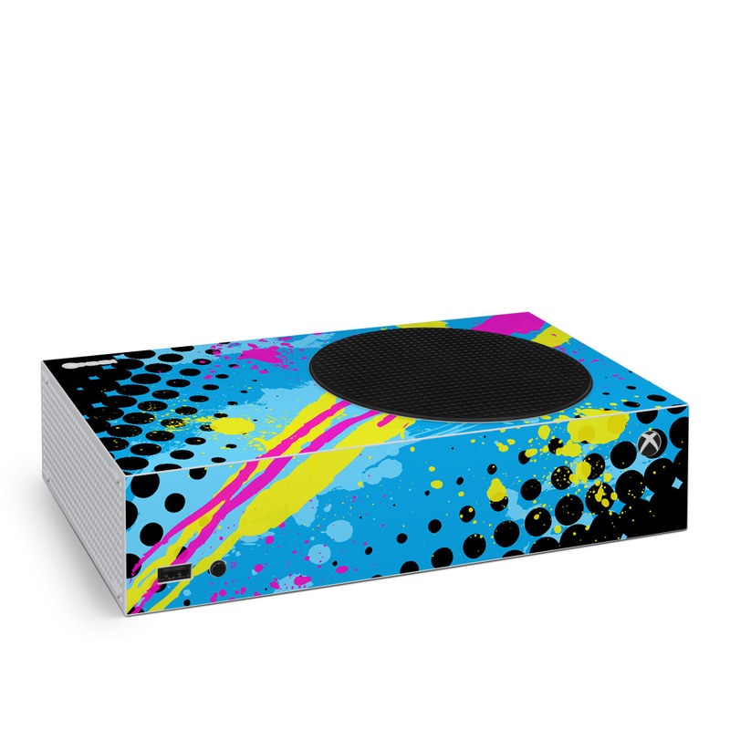 Xbox Series S Skin design of Blue, Colorfulness, Graphic design, Pattern, Water, Line, Design, Graphics, Illustration, Visual arts, with blue, black, yellow, pink colors
