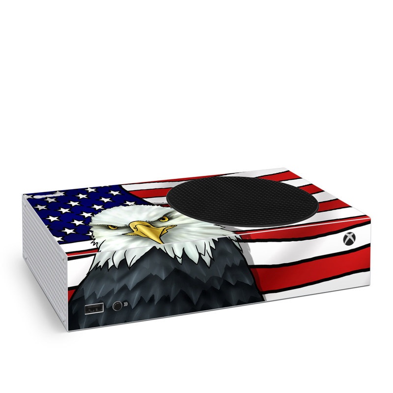 Xbox Series S Skin design of Bald eagle, Eagle, Bird, Bird of prey, Accipitridae, Beak, Accipitriformes, Sea eagle, Flag, with white, gray, blue, yellow, red colors