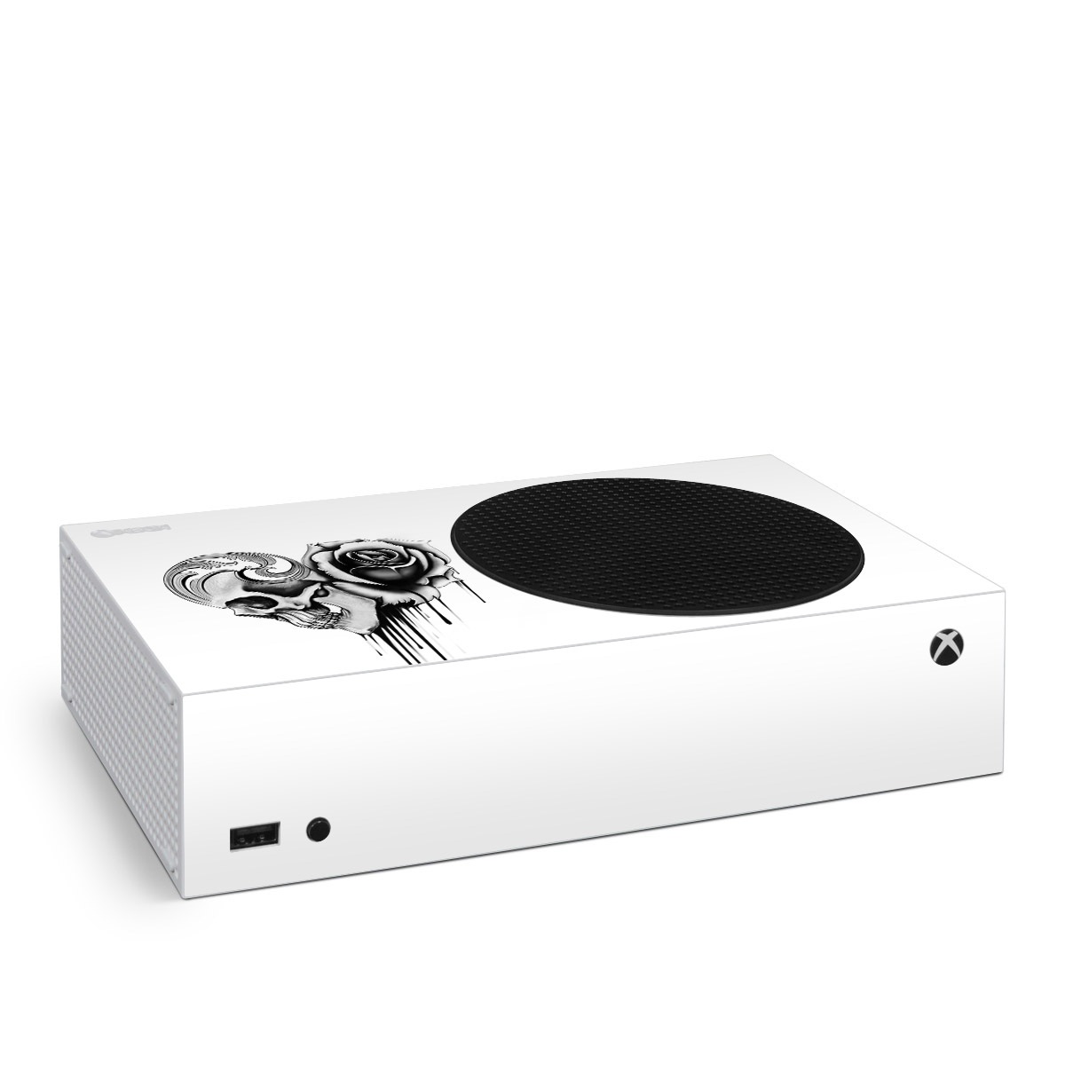 Xbox Series S Skin design of Black-and-white, Illustration, Monochrome, Rose, Plant, Style, Metal, Drawing, with white, black, gray colors