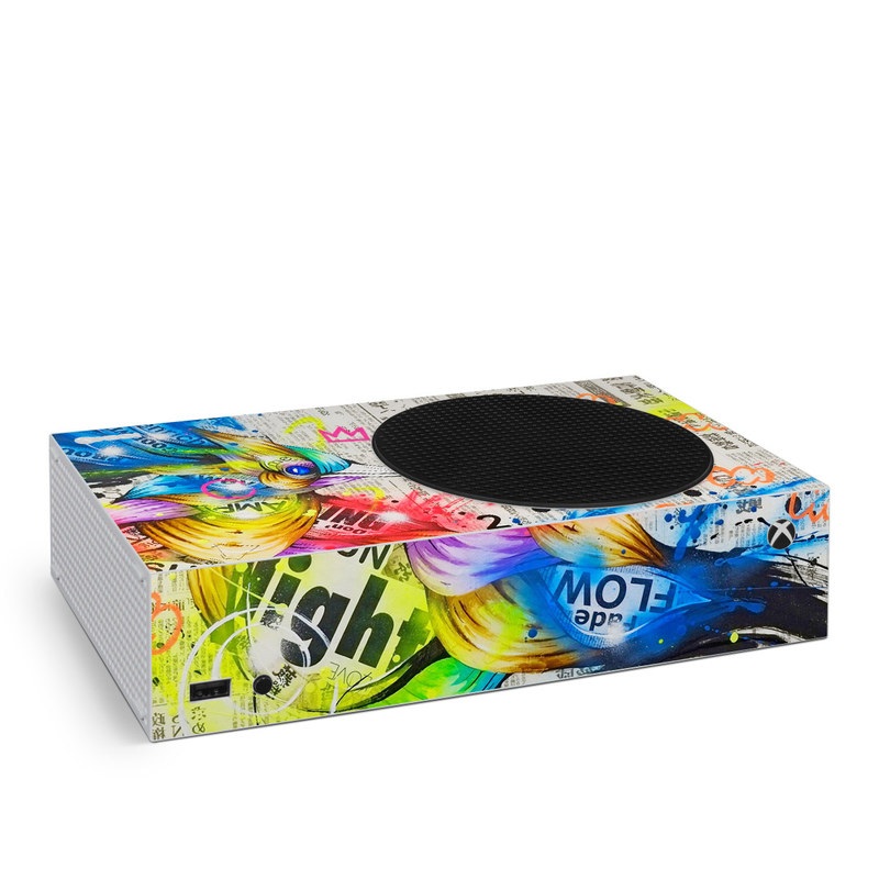 Xbox Series S Skin design of Graphic design, Font, Art, Graphics, Illustration, with blue, red, orange, pink, white, black, yellow, green colors