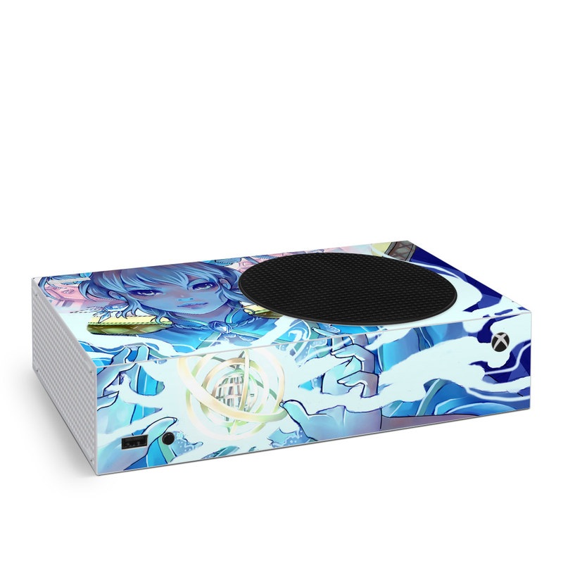 Xbox Series S Skin design of Cg artwork, Anime, Cartoon, Sky, Long hair, Illustration, Fictional character, Black hair, Art with blue, purple, pink, white, yellow colors