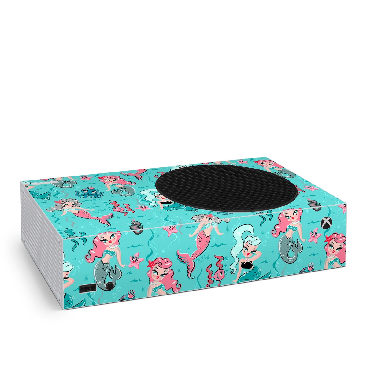 Xbox Series S Skin design of Turquoise, Wrapping paper, Cartoon, Pattern, Textile, Aqua, Design, Gift wrapping, Illustration, Fictional character, with blue, pink, yellow, gray colors