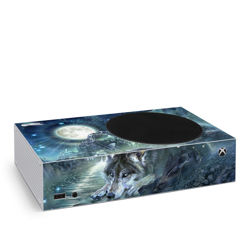 Xbox Series S Skin design of Cg artwork, Fictional character, Darkness, Werewolf, Illustration, Wolf, Mythical creature, Graphic design, Dragon, Mythology, with black, blue, gray, white colors