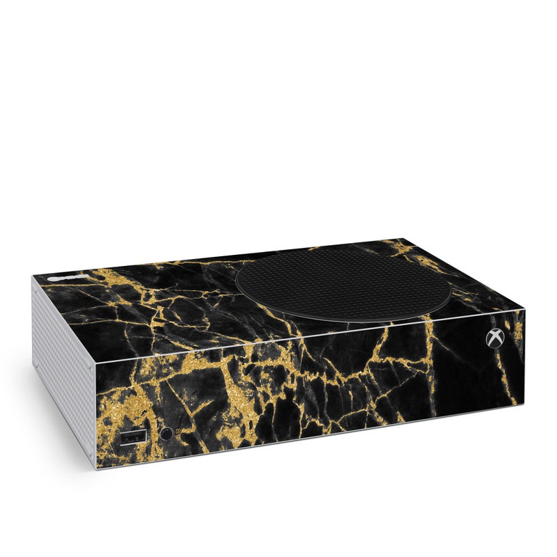 Xbox Series S Skin design of Black, Yellow, Water, Brown, Branch, Leaf, Rock, Tree, Marble, Sky, with black, yellow colors