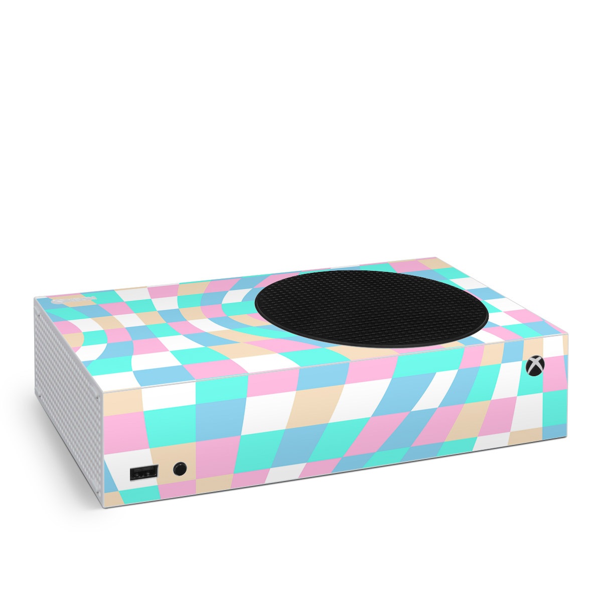 Xbox Series S Skin design of Azure, Textile, Rectangle, Art, Pink, Painting, Aqua, Font, Magenta, Material property, with white, blue, pink colors