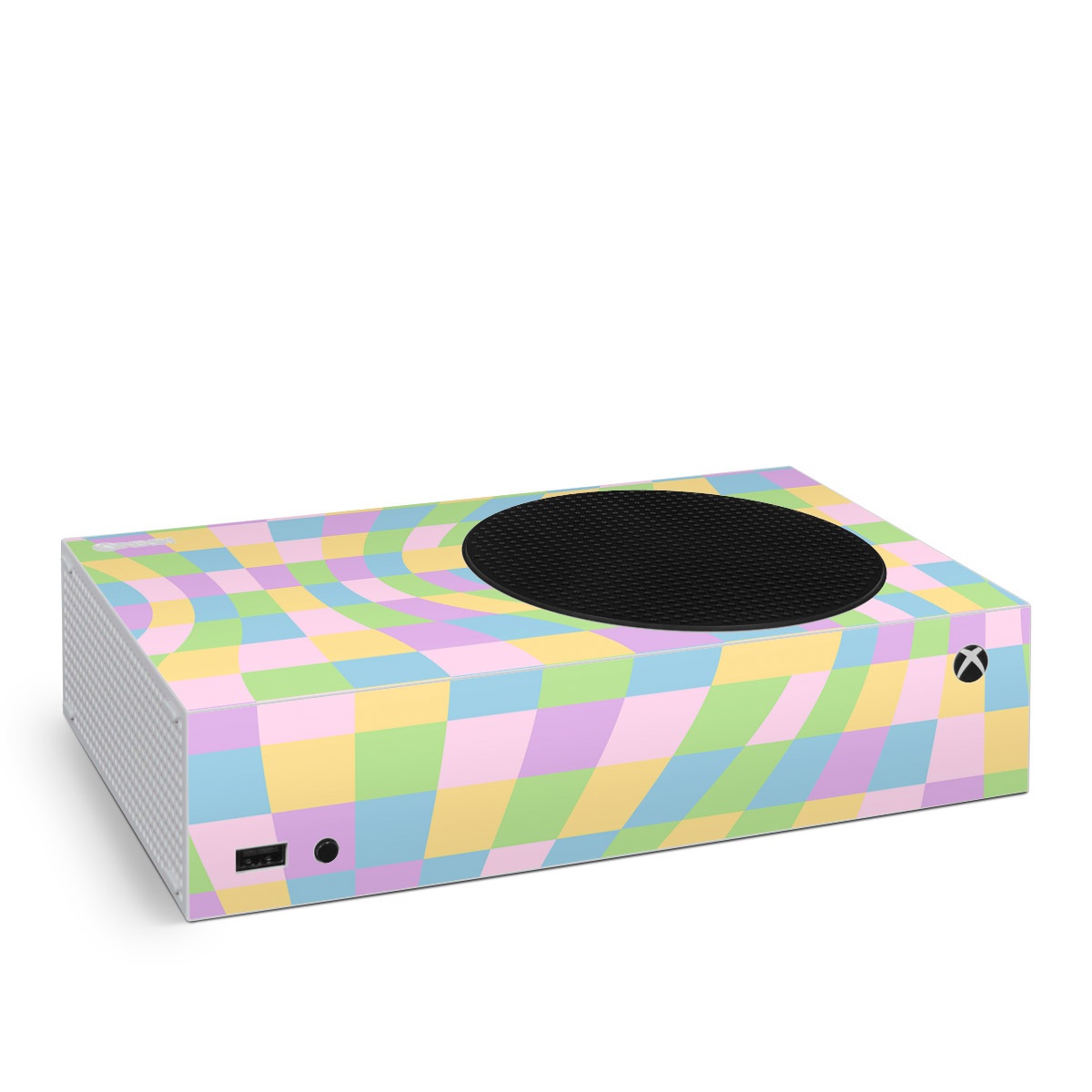 Xbox Series S Skin design of Rectangle, Azure, Textile, Art, Painting, Violet, Pink, Font, Aqua, Material property, with pink, yellow, purple, blue, green colors