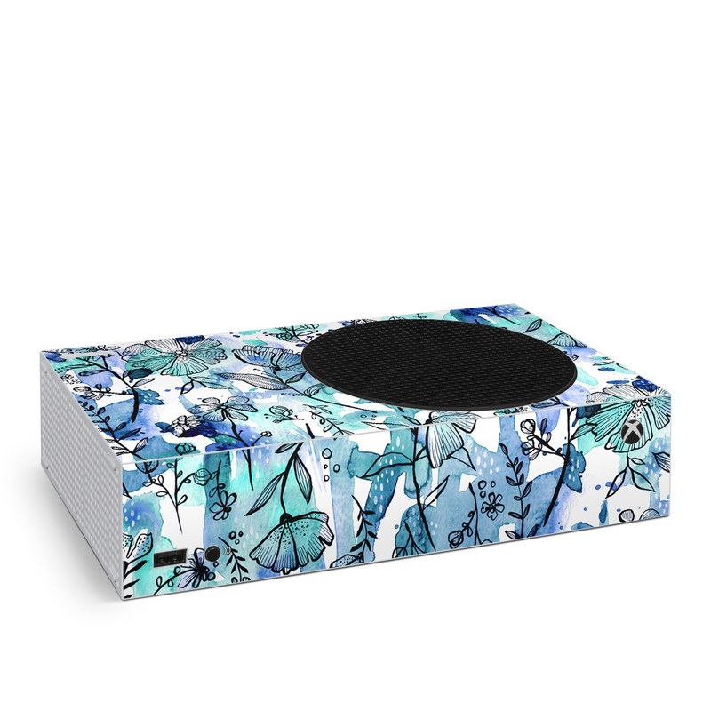Xbox Series S Skin design of Blue, Pattern, Turquoise, Aqua, Design, Textile, Wildflower, Plant, Wrapping paper, Gift wrapping, with blue, white, black, purple colors