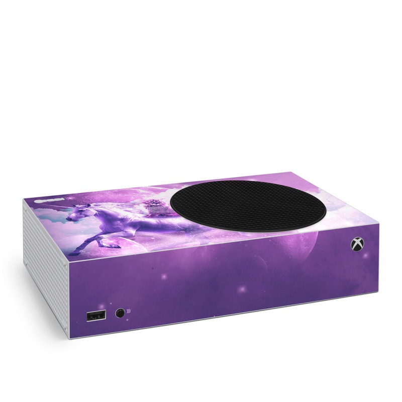 Xbox Series S Skin design of Unicorn, Purple, Fictional character, Mythical creature, Violet, Cg artwork, Illustration, Mythology, with white, purple, blue, gray, black colors