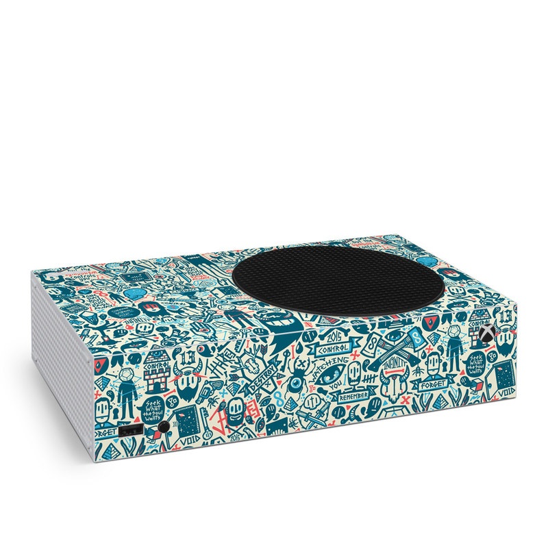 Xbox Series S Skin design of Pattern, Psychedelic art, Turquoise, Art, Design, Visual arts, Line, Drawing, Doodle, Graphic design, with white, green, blue, red colors