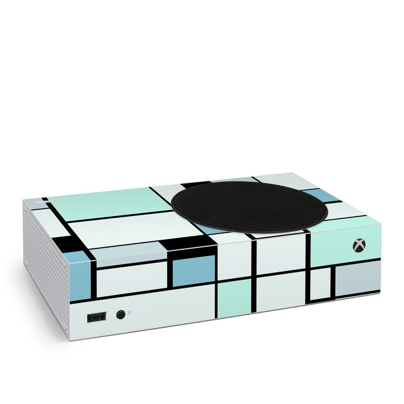 Xbox Series S Skin design of Blue, Line, Turquoise, Pattern, Rectangle, Design, Parallel, Square, Symmetry, Tints and shades with black, blue, green colors