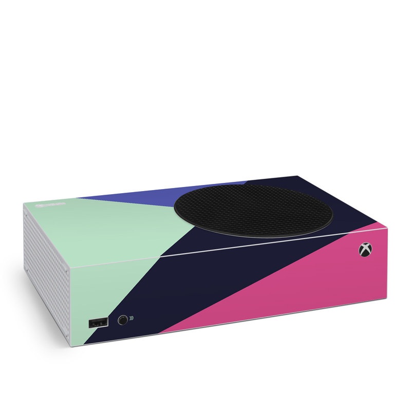 Xbox Series S Skin design of Purple, Violet, Line, Magenta, Graphic design, Triangle, Pattern, Design, Material property, Font, with black, blue, green, pink colors