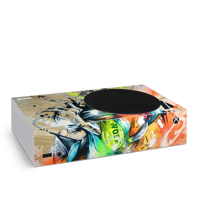 Xbox Series S Skin design of Graphic design, Art, Illustration, Fictional character, Visual arts, Graphics, Painting, Watercolor paint, Modern art, Games, with gray, black, green, red, orange, pink colors