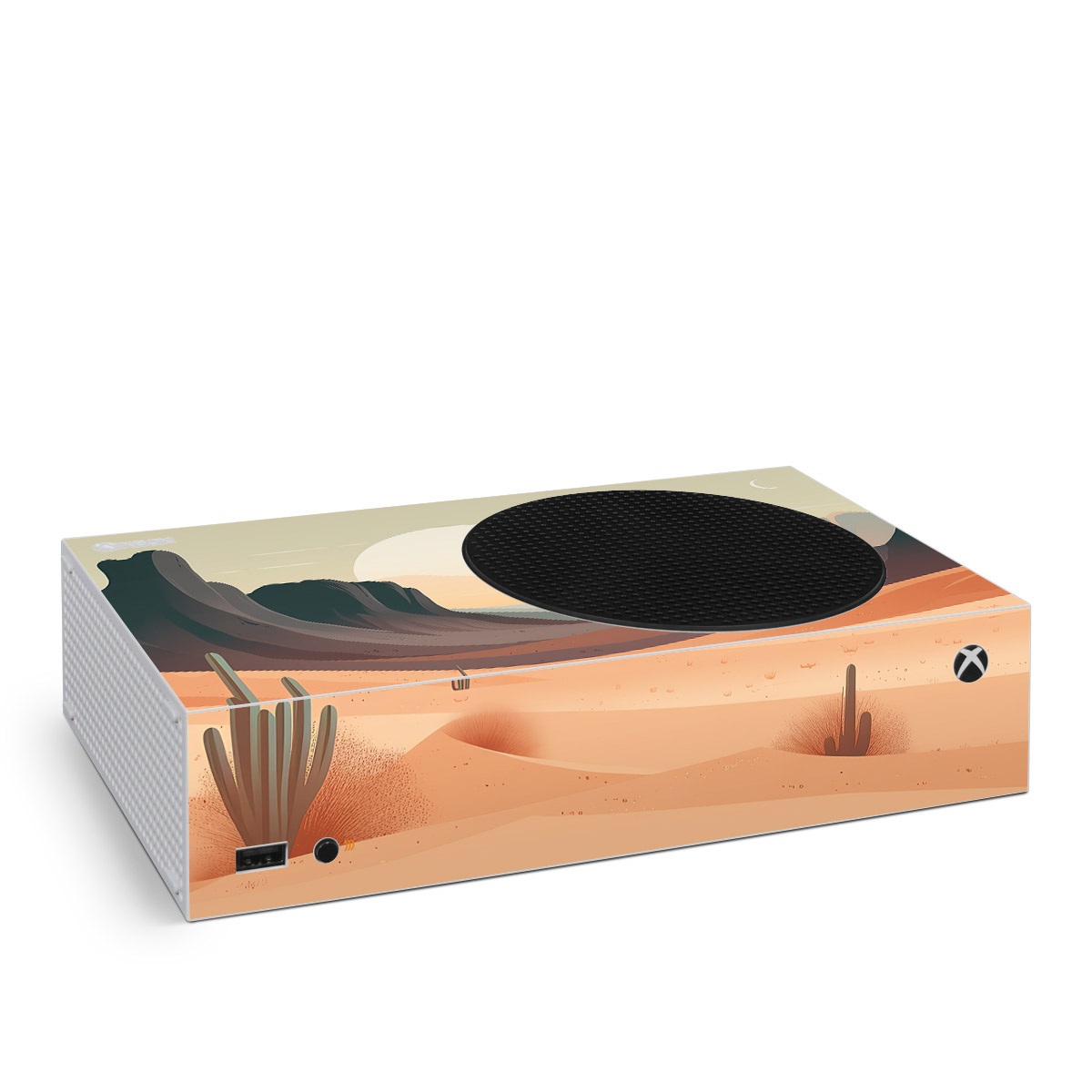 Xbox Series S Skin design of Sky, Light, Nature, Natural landscape, Art, Landscape, Moon, Mountainous landforms, Formation, Erg, with orange, yellow, brown, green, white, black colors