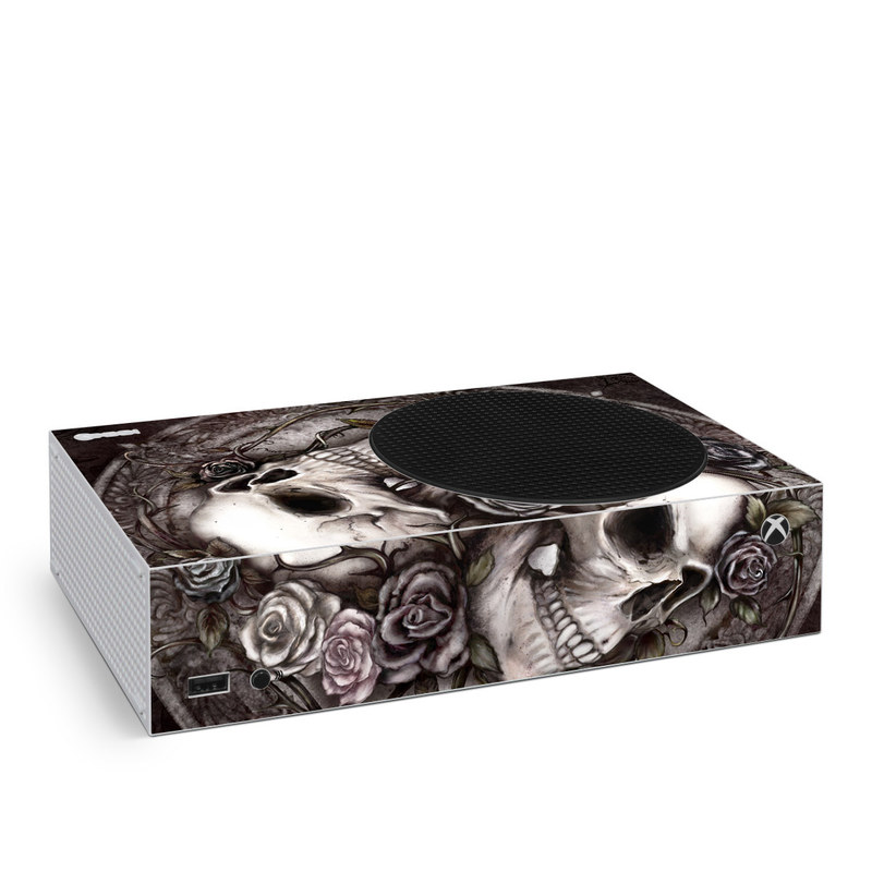 Xbox Series S Skin design of Skull, Bone, Illustration, Font, Still life photography, Photography, Still life, Art, Monochrome, Circle, with black, white, brown, pink colors
