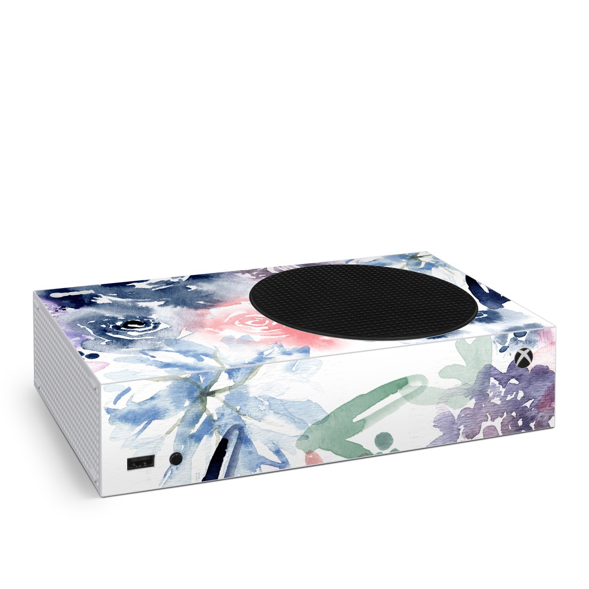 Xbox Series S Skin design of Pattern, Graphic design, Design, Floral design, Plant, Flower, Illustration, with white, blue, purple, green, pink colors