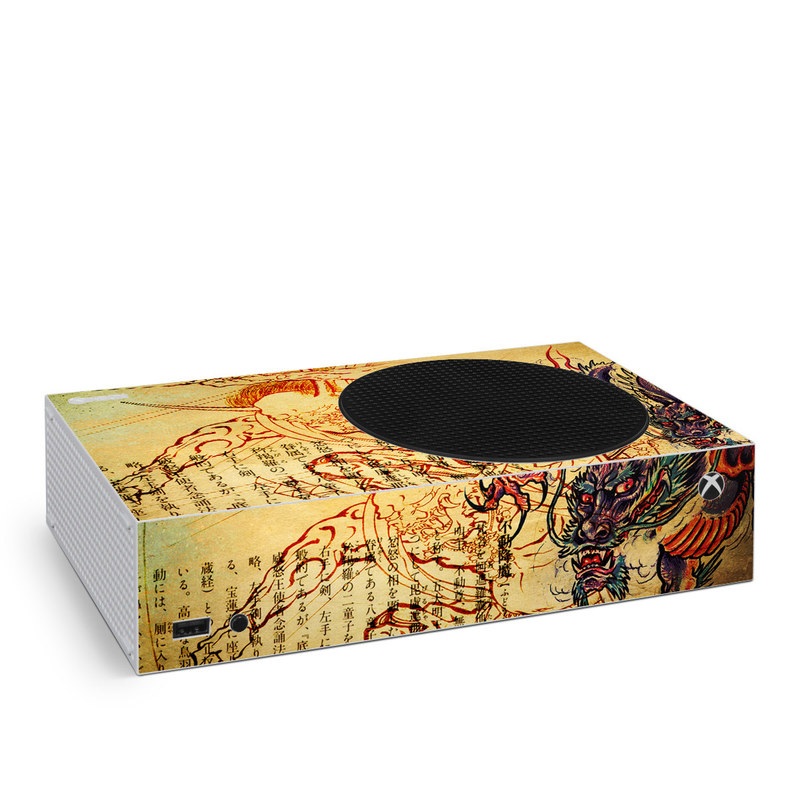 Xbox Series S Skin design of Illustration, Fictional character, Art, Demon, Drawing, Visual arts, Dragon, Supernatural creature, Mythical creature, Mythology, with black, green, red, gray, pink, orange colors