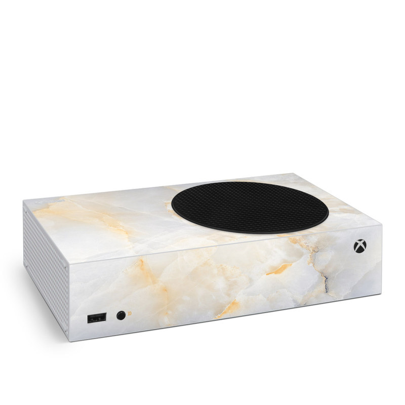 Xbox Series S Skin design of White, Textile, Flooring, Marble, Paper, Pattern, Fashion accessory, Tile, with white, orange, black, yellow colors