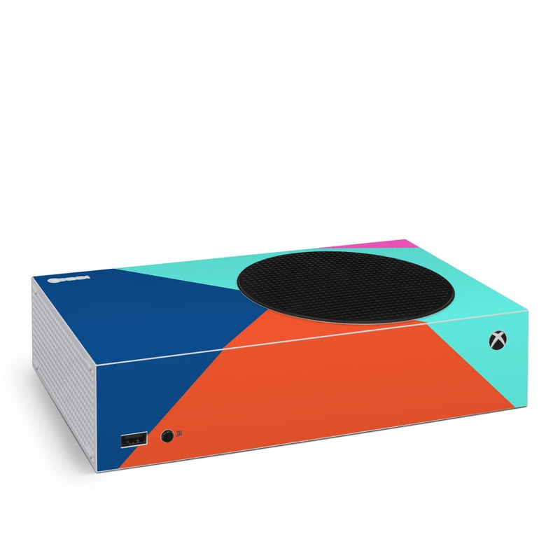 Xbox Series S Skin design of Blue, Colorfulness, Turquoise, Line, Azure, Triangle, Pattern, Graphic design, Magenta, with blue, pink, orange, red colors