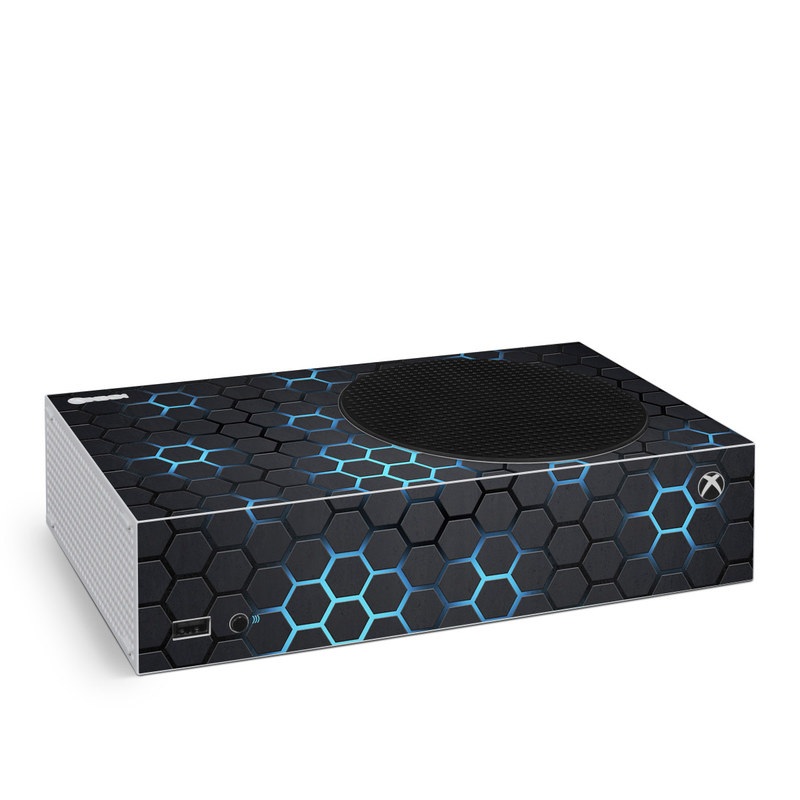 Xbox Series S Skin design of Pattern, Water, Design, Circle, Metal, Mesh, Sphere, Symmetry, with black, gray, blue colors