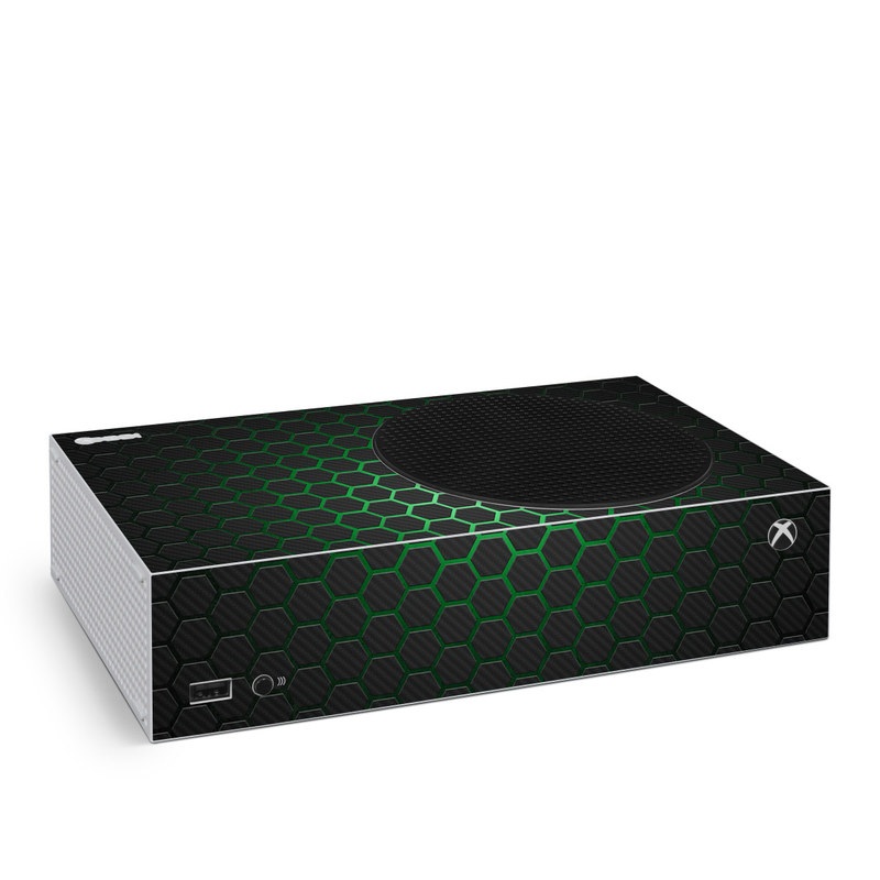 Xbox Series S Skin design of Pattern, Metal, Design, Carbon, Space, Circle, with black, gray, green colors