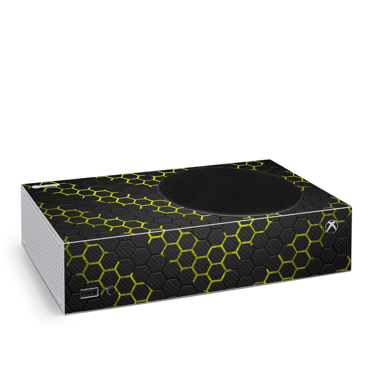 Xbox Series S Skin design of Black, Pattern, Yellow, Mesh, Net, Chain-link fencing, Design, Metal, with black, gray, yellow colors