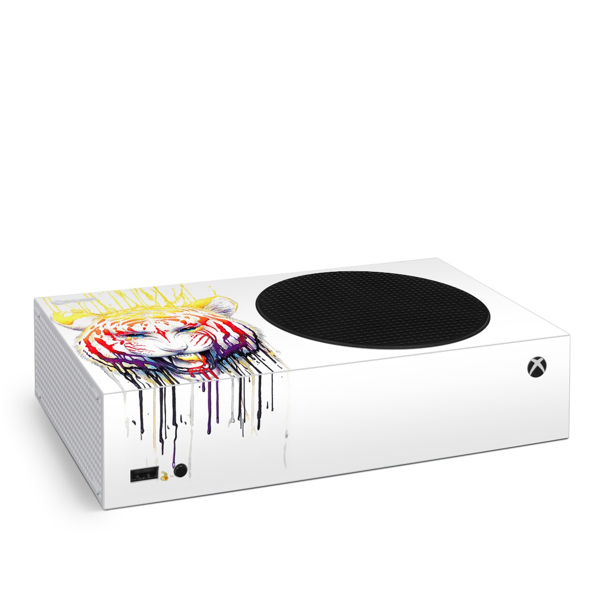 Xbox Series S Skin design of Jaw, Roar, Organism, Gesture, Art, Font, Felidae, Painting, Illustration, Drawing, with white, black, yellow, red, orange, purple colors