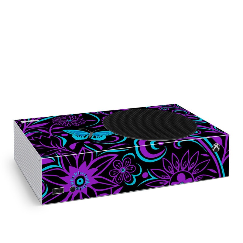 Xbox Series S Skin design of Pattern, Purple, Violet, Turquoise, Teal, Design, Floral design, Visual arts, Magenta, Motif, with black, purple, blue colors
