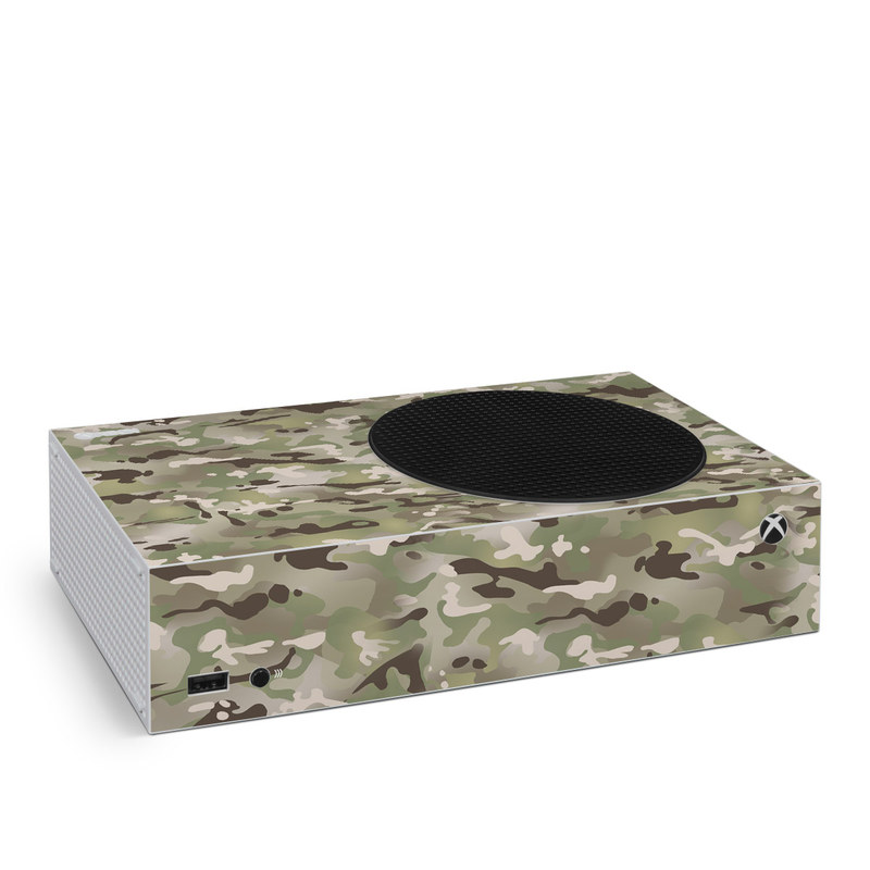 Xbox Series S Skin design of Military camouflage, Camouflage, Pattern, Clothing, Uniform, Design, Military uniform, Bed sheet, with gray, green, black, red colors