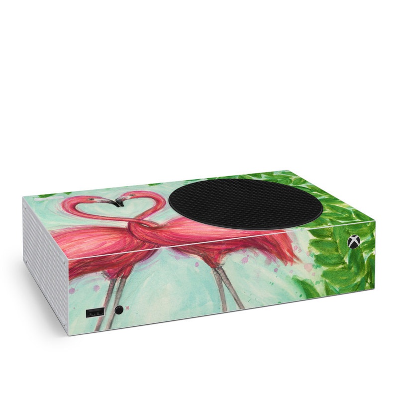 Xbox Series S Skin design of Flamingo, Greater flamingo, Bird, Water bird, Pink, Illustration, Watercolor paint, Organism, Drawing, Stork, with pink, blue, green colors
