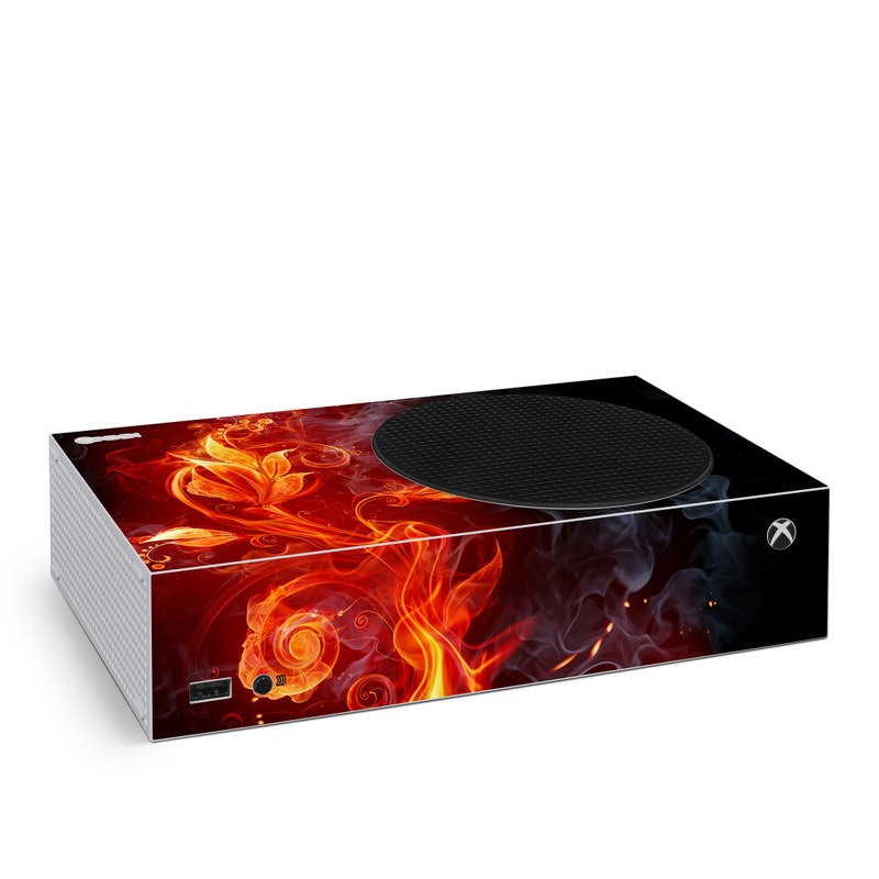 Xbox Series S Skin design of Flame, Fire, Heat, Red, Orange, Fractal art, Graphic design, Geological phenomenon, Design, Organism, with black, red, orange colors