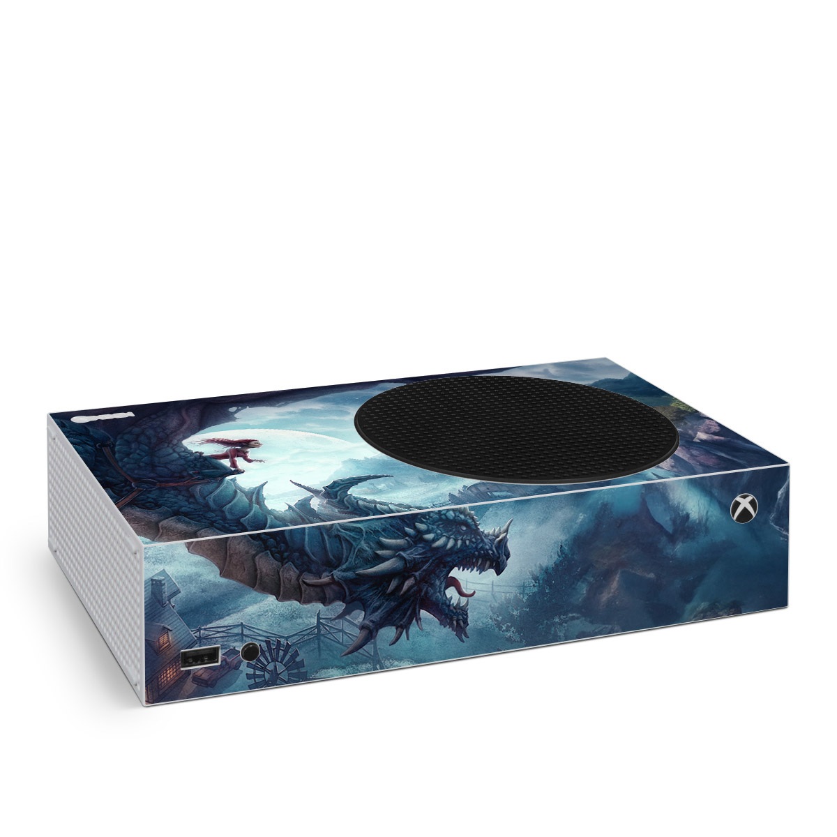 Xbox Series S Skin design of Dragon, Cg artwork, Illustration, Action-adventure game, Fictional character, Mythical creature, Mythology, Fiction, Cryptid, Extinction, with blue, white, brown, green colors