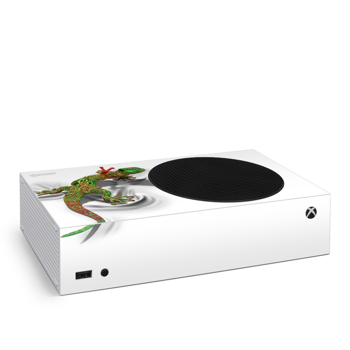 Xbox Series S Skin design of Lizard, Reptile, Gecko, Scaled reptile, Green, Iguania, Animal figure, Wall lizard, Fictional character, Iguanidae, with white, gray, black, red, green colors