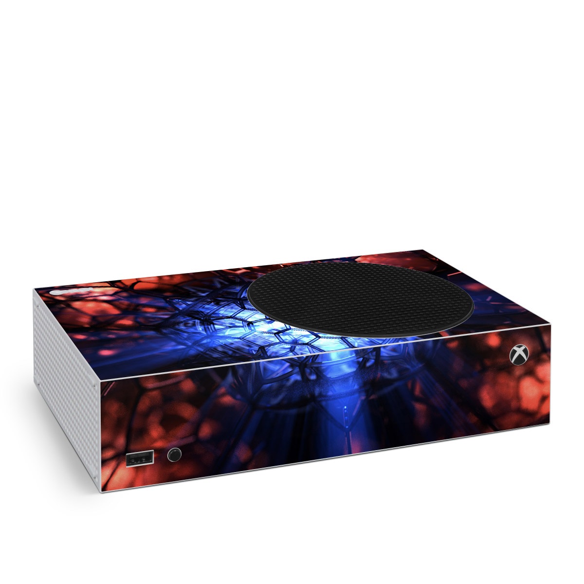 Xbox Series S Skin design of Blue, Fractal art, Red, Light, Pattern, Lighting, Art, Kaleidoscope, Design, Psychedelic art, with black, blue, red colors