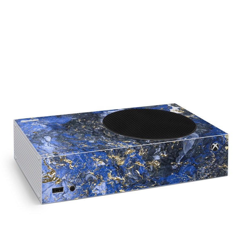 Xbox Series S Skin design of Blue, Water, Cobalt blue, Rock, Painting, Geology, Electric blue, Mineral, Pattern, Acrylic paint, with black, blue, yellow, white, gray colors