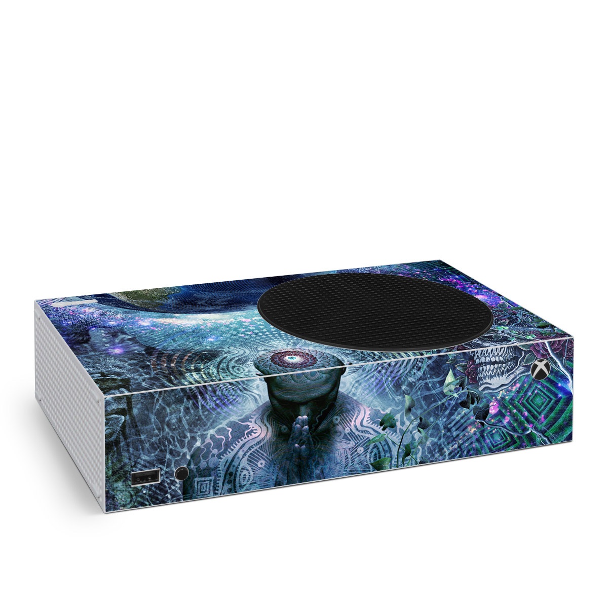 Xbox Series S Skin design of Psychedelic art, Fractal art, Art, Space, Organism, Earth, Sphere, Graphic design, Circle, Graphics, with blue, green, gray, purple, pink, black, white colors