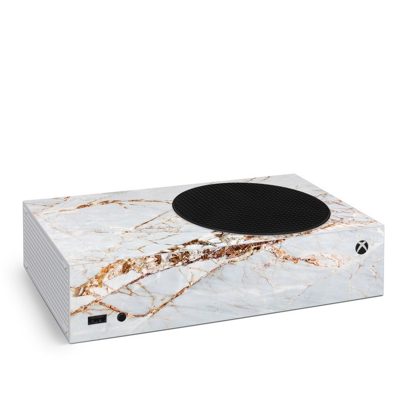 Xbox Series S Skin design of White, Branch, Twig, Beige, Marble, Plant, Tile, with white, gray, yellow colors