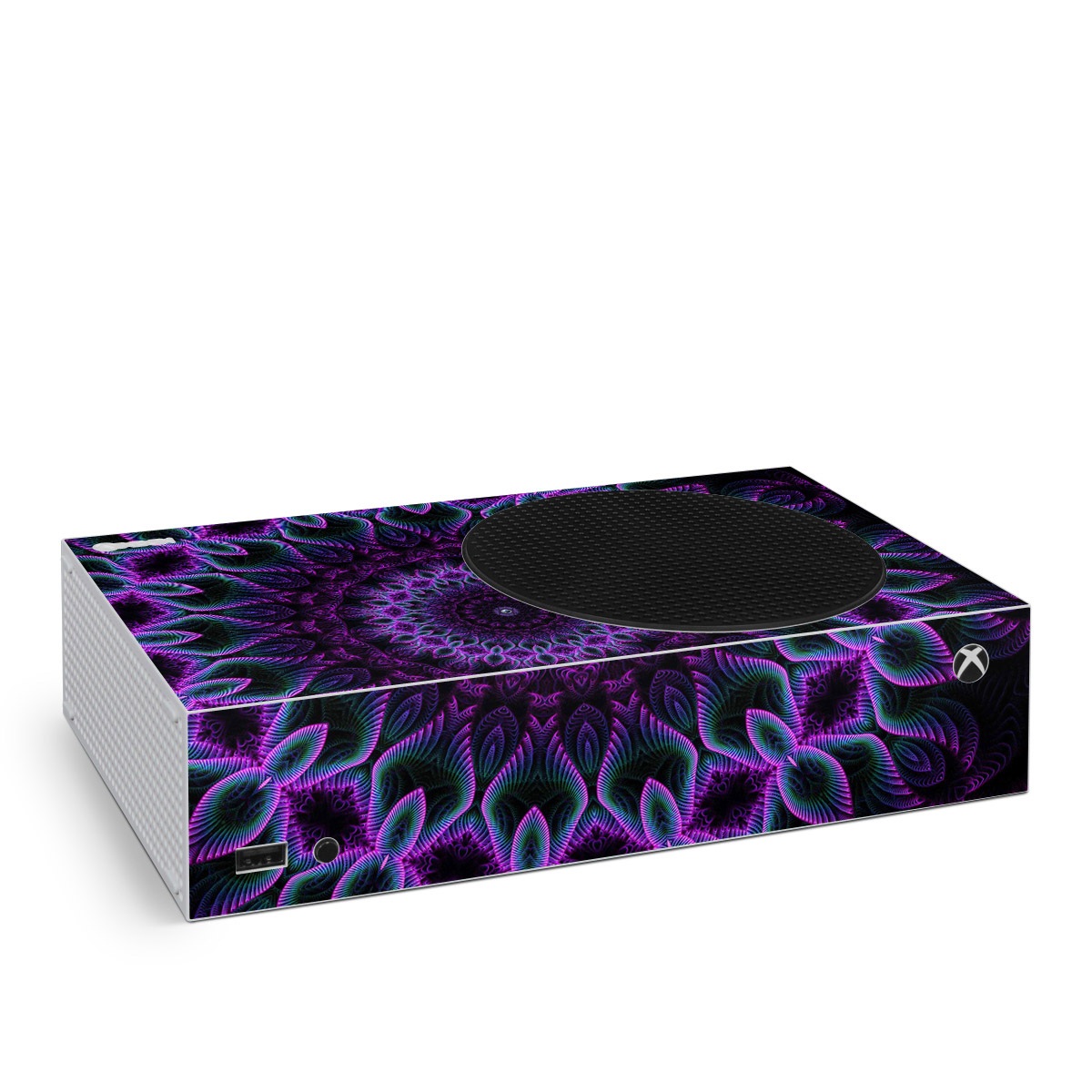 Xbox Series S Skin design of Colorfulness, Pattern, Purple, Violet, Magenta, Red, Pink, Art, Fractal Art, Visual Arts, Design, Circle, Symmetry, Psychedelic Art, Motif, Kaleidoscope, Graphics, with black, purple, blue, white colors