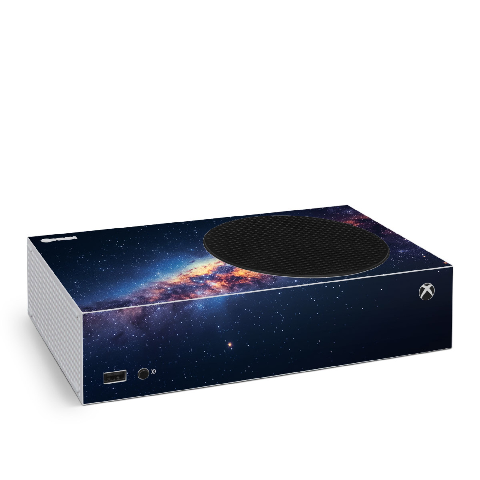 Xbox Series S Skin design of Atmosphere, Sky, Nature, World, Nebula, Galaxy, Astronomical object, Atmospheric phenomenon, Milky way, Star, with black, blue, white, yellow, orange, red, purple, gray colors