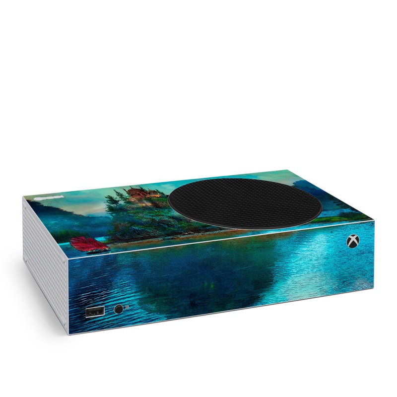Xbox Series S Skin design of Nature, Natural landscape, Sky, Painting, Landscape, Illustration, Watercolor paint, Art, Calm, Water castle, with black, gray, blue, green colors